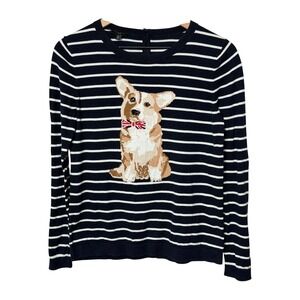 Talbots Petites Women's Striped Corgi Dog Graphic Crew Neck Long Sleeve Knit Top
